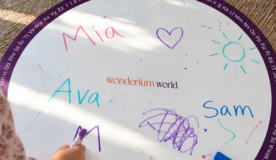 Children's own names, drawings and marks on a blank Wonderium learning mat